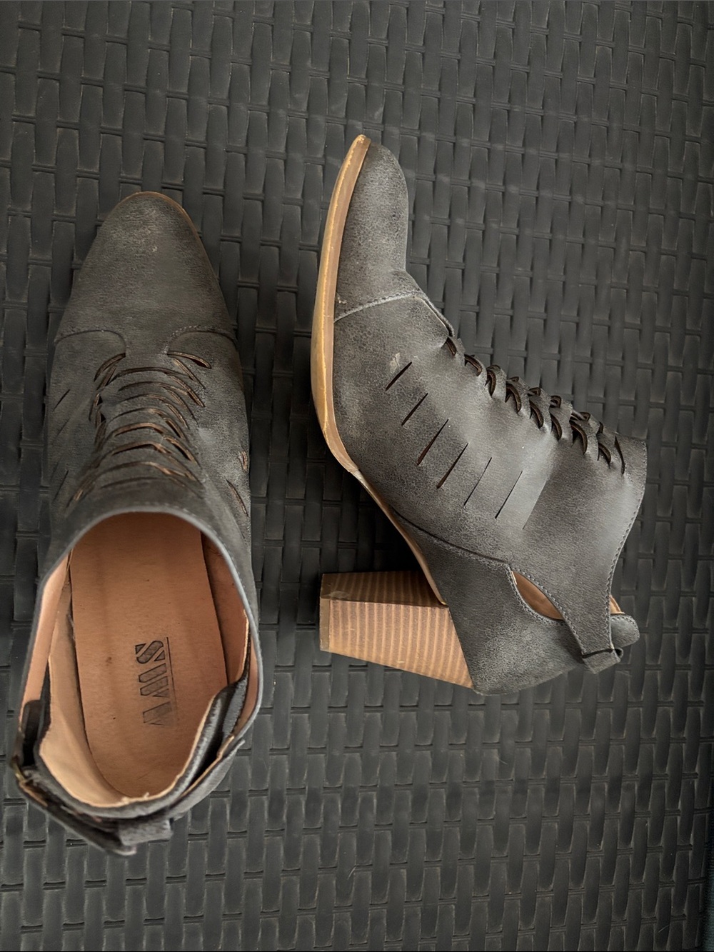 SAVS Gray Suede Lace-Up Cutout Ankle Booties with Stacked Heel